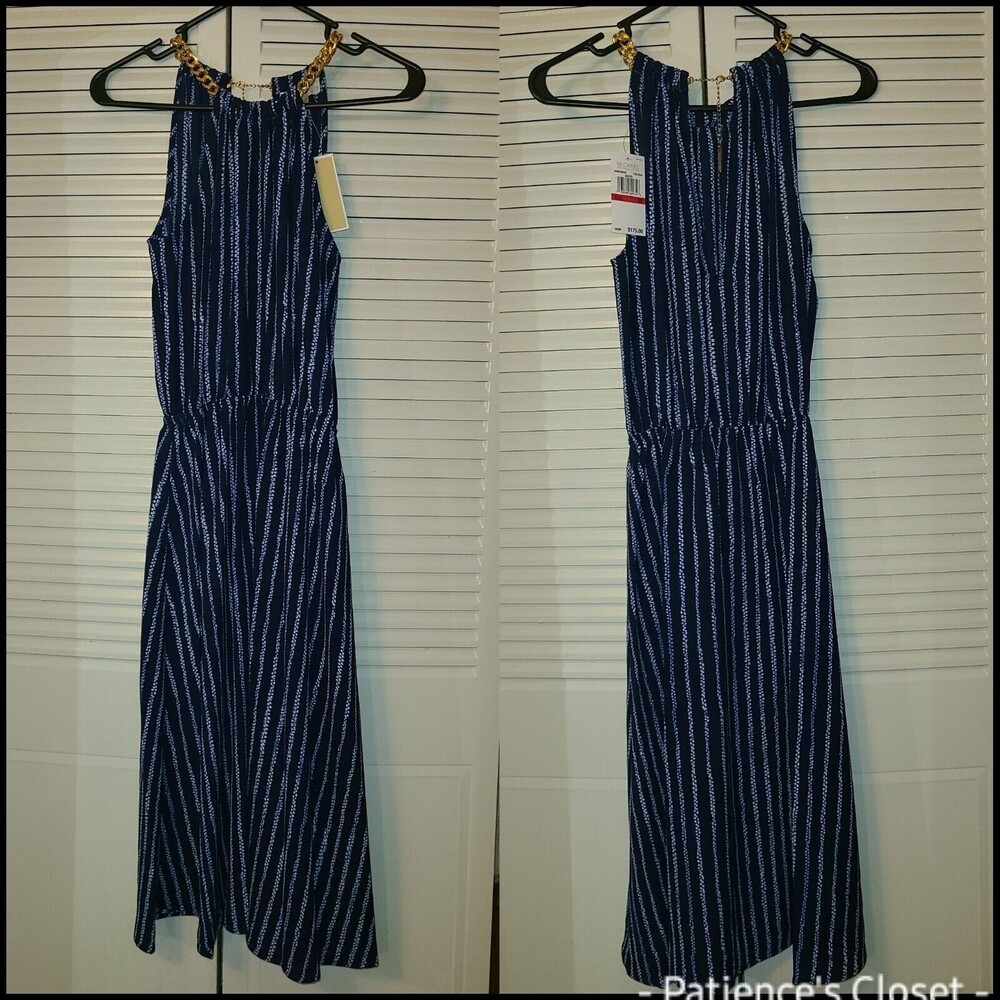 Michael Kors NWT XS Navy Blue & White Maxi Dress with Gold Chain Boho Quiet Lux
